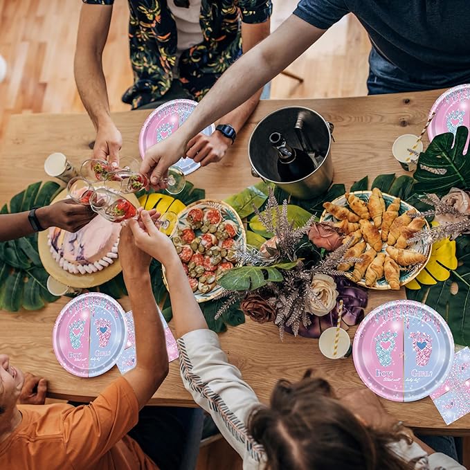 96 Pcs Gender Reveal Party Plates Napkins Forks Decorations Tableware Set Supplies Disposable Paper Boy or Girl Gender Footprint Favors, Serves 24 Guests