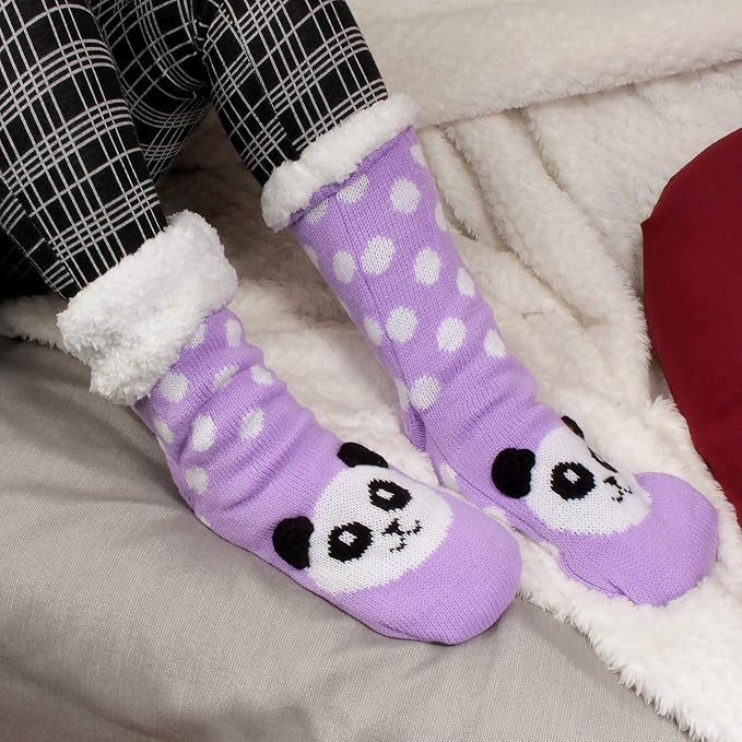 BambooMN Extra Thick Cozy Fuzzy Animal Thermal Cabin Plush Fleece-lined Knitted Crew Socks