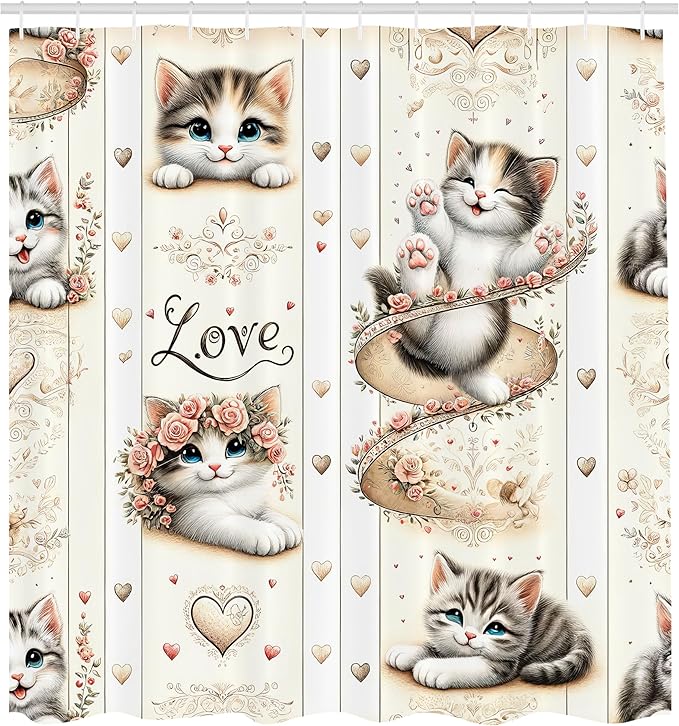 Ambesonne Cat Shower Curtain, Vintage Themed Pattern with Smiling Blue Eyed Kittens Love Hearts Nostalgia, Cloth Fabric Bathroom Decor Set with Hooks, 69" W x 70" L, Ivory Pale Brown Grey