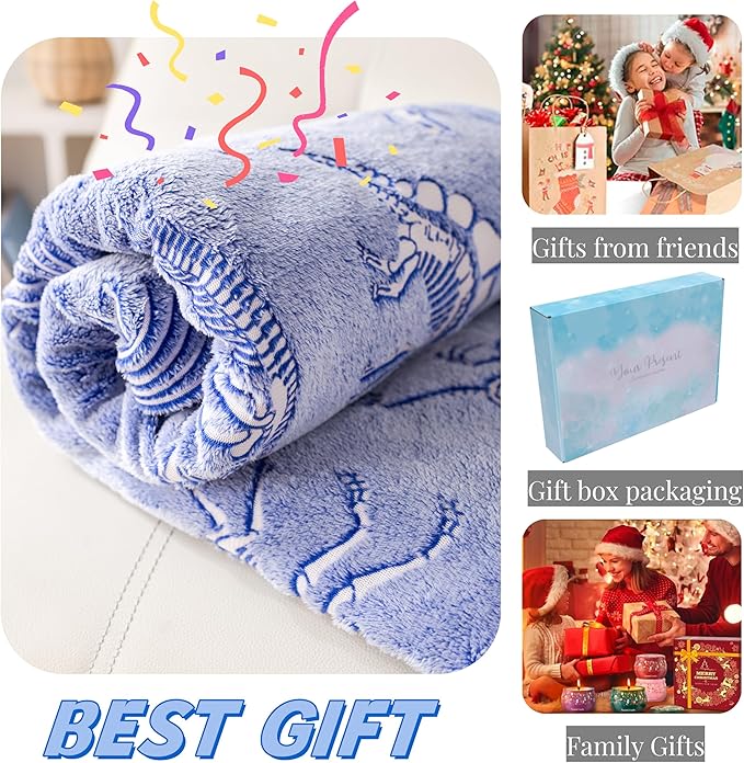 2025 Best Gift Dinosaur Gifts Toys for Kids Boys, Dinosaur Fossil Pattern Blanket Glow in The Dark Throw Blanket, Soft Plush Kids Blanket, Fun Dinosaur Theme, Birthday Gift, 50"*60", Blue