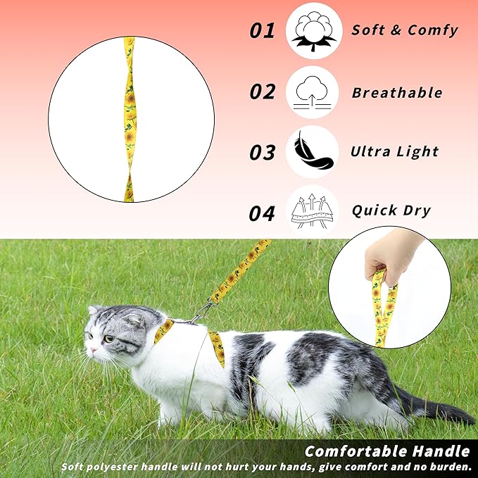 Cat Harness and Leash Set, Adjustable Kitten Harness Escape Proof Cats Harness, Soft Lightweight Walking Travel Pet Harness, Cute Kitty Harness Leash Set for Small Medium Cats, Yellow Sunflower