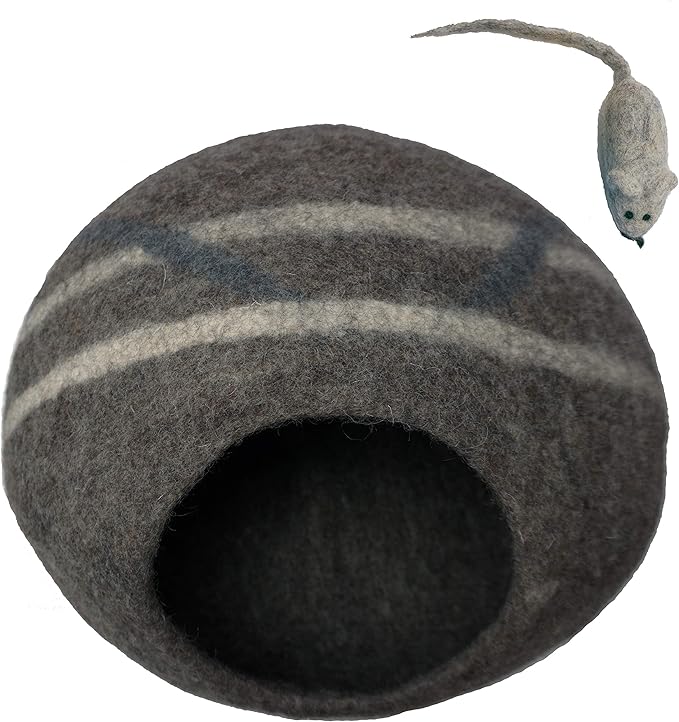 100% Wool Felt Cat Cave Bed Handmade in Nepal with Free Mouse Toy Included (Gray Stripe)