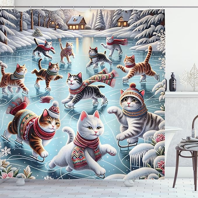Ambesonne Cat Shower Curtain, Cozy Winter Woodland Scene with Cottages and Ice Skating Kitties Snow Fun, Cloth Fabric Bathroom Decor Set with Hooks, 69" W x 70" L, Soft Blue Burnt Orange