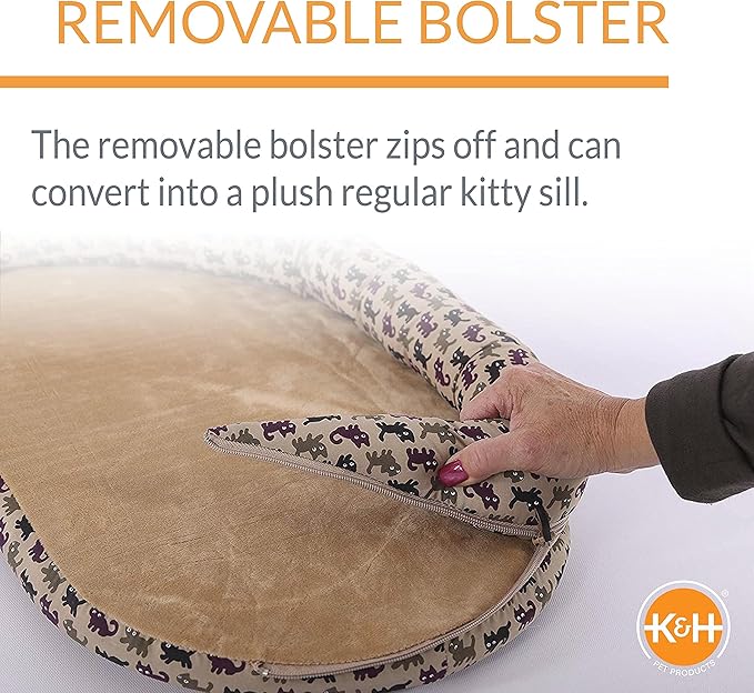 K&H Pet Products Deluxe Kitty Sill w/ Bolster Cat Window Bed, Cat Window Perch for Large Cats, Cat Window Hammock, Cat Window Seat, Window Cat Bed, Cat Perch Cat Hammock –Tan Kitty Print