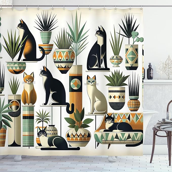 Ambesonne Cat Shower Curtain, Boho Ethnic Style Design with Kitties Sitting and Laying Poses Botanical, Cloth Fabric Bathroom Decor Set with Hooks, 69" W x 75" L, Black Ginger Mint Green