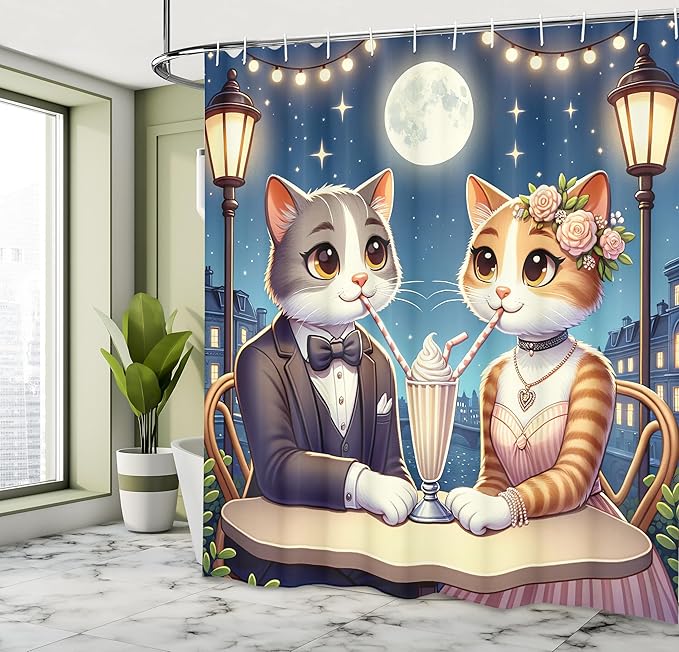 Ambesonne Cat Shower Curtain, Romantic Date Night of Kitties Drinking Milkshake Cozy Night Scene Valentines, Cloth Fabric Bathroom Decor Set with Hooks, 69" W x 70" L, Dark Blue Apricot