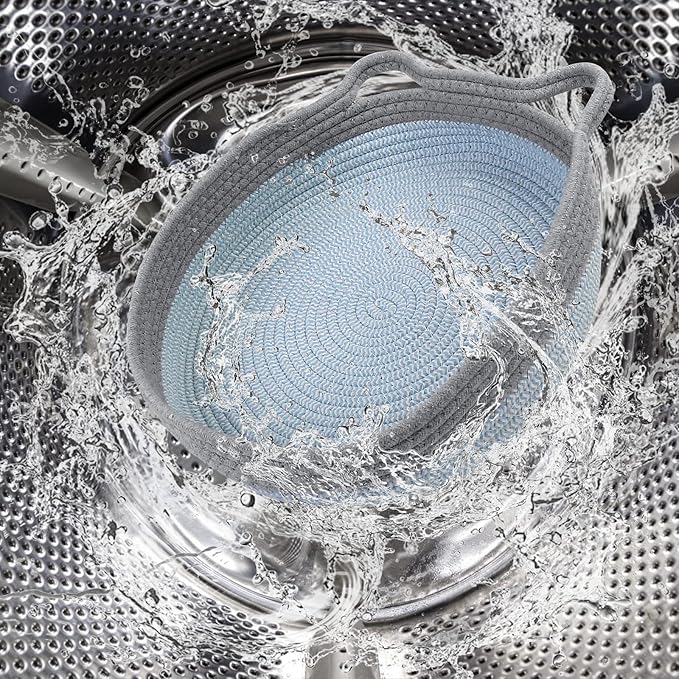 Round Cat Bed for Indoor Cats, Cat Basket Bed, Wicker Cat Donut Beds, Cooling Cat Nest for Summer Sleeping, Washable Pet Pad for Cat Scratching, Blue Grey