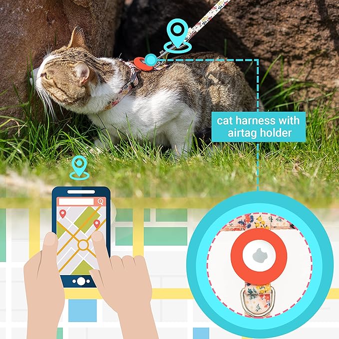 Cat Harness and Leash Escape Proof for Walking Travel Outdoor - Soft Nylon Adjustable Cute Cat Harness Leash Set with Airtag Holder for Small Medium Large Cats