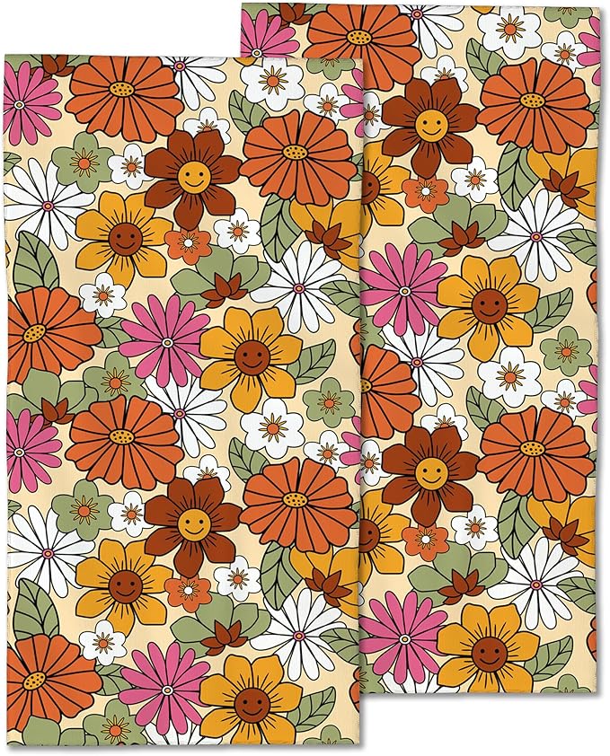 2 Pack Hand Bath Towel,70s Vintage Hippies Flowers Fingertip Towel Bathtub Decorative Bath Towel Bathroom Kitchen Towel Set Highly Absorbent SPA Gym Towels 14x28 Inch