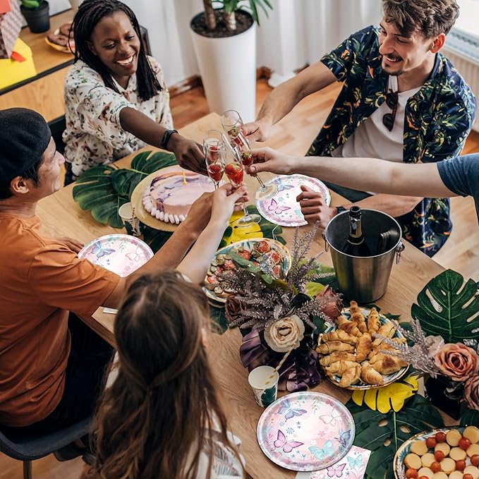 96 Pcs Butterfly Birthday Party Plates Napkins Forks Decorations Tableware Set Supplies Disposable Paper Flower and Butterfly Favors, Serves 24 Guests