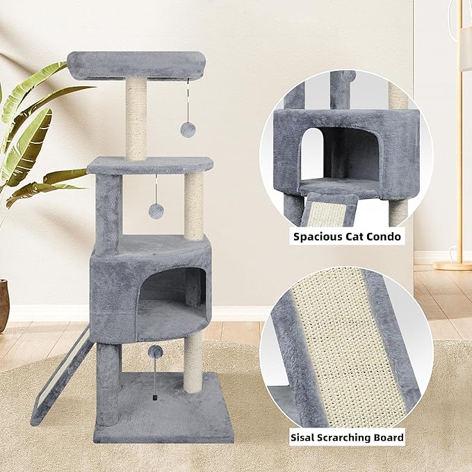 45in Cat Tree Tower with Big Cat Condo for Indoor Cats,Cat Tower Activity Center Cat Furniture with Scratching Post and Hanging Bed,Grey