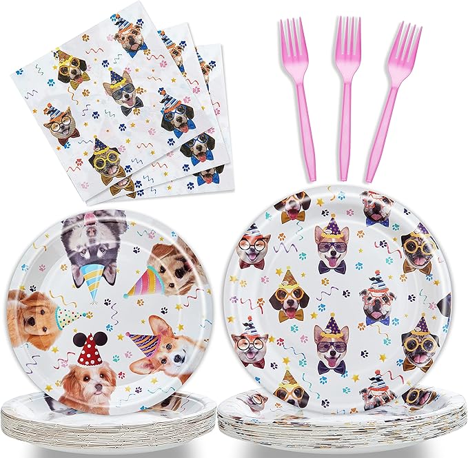 96 Pcs Dog Birthday Party Plates Napkins Forks Supplies Tableware Set Disposable Paper Dog Theme Decoration for Kids Birthday Party, Serves 24 Guests