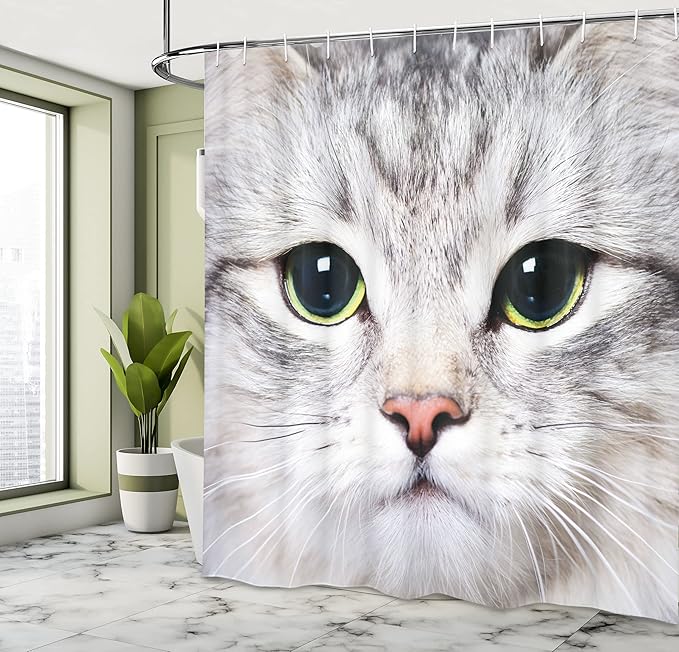 Ambesonne Animal Shower Curtain, Cat Print Kitten Kitty Face Look Closeup Portrait Digital Photography Domestic Pet, Cloth Fabric Bathroom Decor Set with Hooks, 69" W x 75" L, Off White Avacado Green