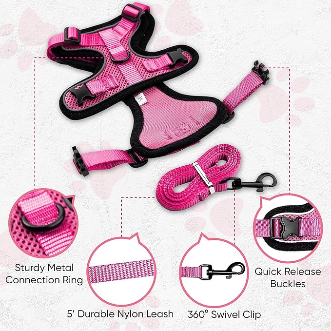 MeWO Kitten Leash and Harness Set - Escape Proof, Reflective, Adjustable for a Safe & Snug Fit - Small Cat Harness and Leash Set Cat Leashes and Harnesses for Walking Outdoors Kitten Harness and Leash