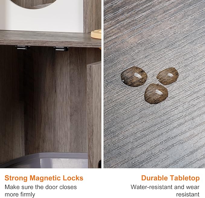 Heybly Cat Tree, Wood Litter Box Enclosure with Food Station, All-in-one Indoor Cat Furniture with Large Platform and Condo, Modern Style Cat Tower, Hammock, Rustic Brown HCT102SG