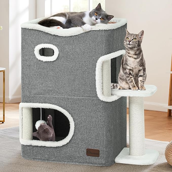 YITAHOME 2-Tier Cat House, Indoor Cat Cave Bed Playhouse, Flannel & Cool Mat, Covered Cat Beds with Scratch Pad and Hideaway Cave, Cute Modern Cat Condo Furniture for Multi Small Cats, Grey