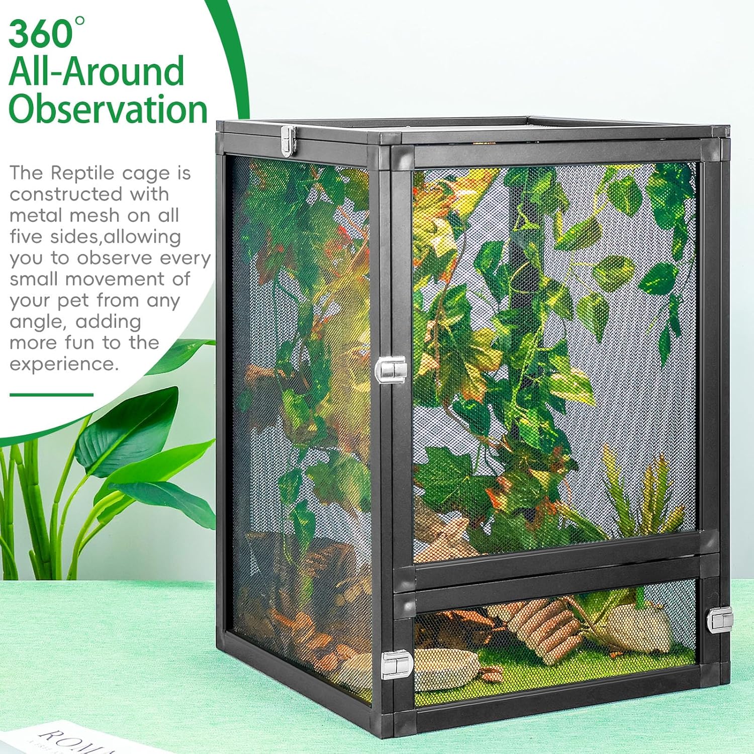 13 Gal Detachable and Foldable Reptile Butterfly Cage Terrarium, 360° Observation, Airflow, Interaction in Gecko Tank for Crested Geckos, Leopard Geckos, Chameleons, Bearded Dragons