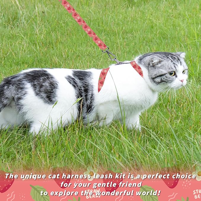 Cat Harness and Leash Set, Adjustable Kitten Harness Escape Proof Cats Harness, Soft Lightweight Walking Travel Pet Harness, Cute Kitty Harness Leash Set for Small Medium Cats, Pink Strawberry