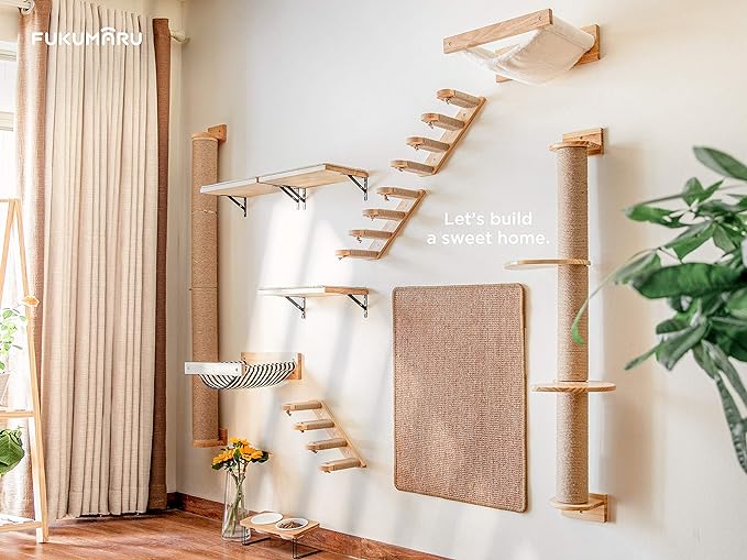 FUKUMARU Cat Climbing Shelf Wall Mounted, Four Step Cat Stairway with Jute Scratching for Cats Perch Platform Supplies