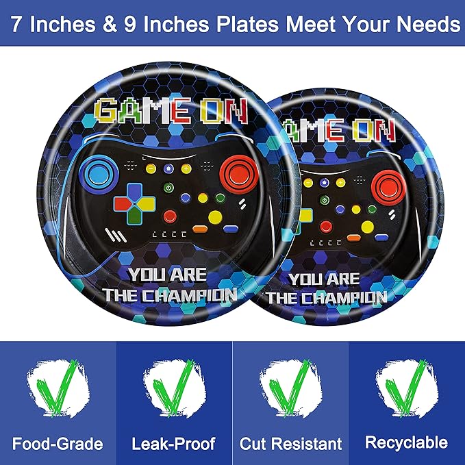 96 Pcs Video Game Birthday Party Plates Napkins Forks Supplies Tableware Set Disposable Table Boys Gaming Theme Decoration for Kids Birthday Party, Serves 24 Guests