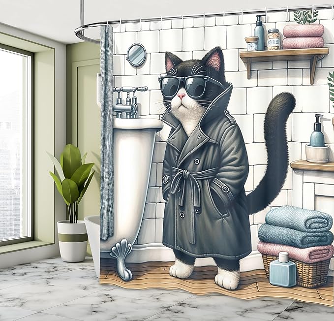 Ambesonne Cat Shower Curtain, Mysterious Detective Kitty Character in Bathroom with Sunglasses Classic Coat, Cloth Fabric Bathroom Decor Set with Hooks, 69" W x 75" L, Charcoal Grey White