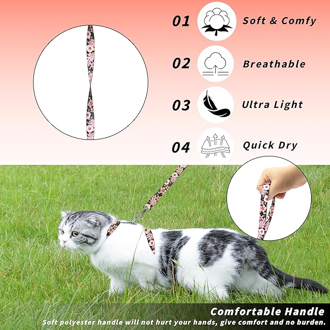Cat Harness and Leash Set, Adjustable Kitten Harness Escape Proof Cats Harness, Soft Lightweight Walking Travel Pet Harness, Cute Kitty Harness Leash Set for Small Medium Cats, Light Pink