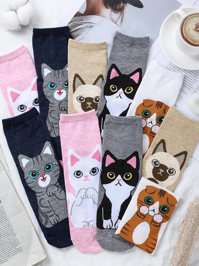 5 Pairs Women Cat Socks Cute Animal Pattern Socks for Women Funny Kitty Ankle Sock Ladies Soft Cotton Gift Socks