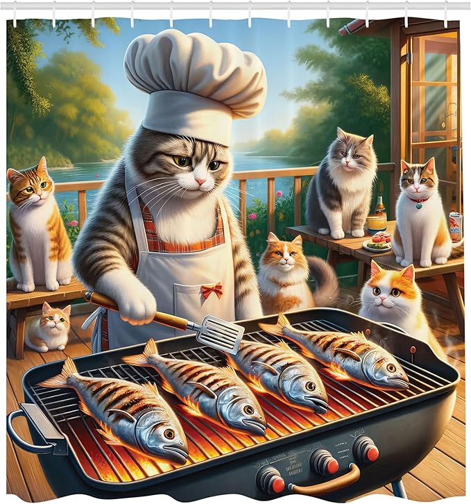 Ambesonne Cat Shower Curtain, Funny BBQ Themed Chef Kitty Grilling Fish for Pals Whimsical Backyard Barbecue Scene, Cloth Fabric Bathroom Decor Set with Hooks, 69" W x 84" L, Green Orange