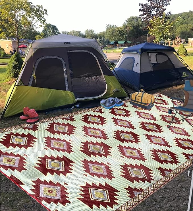 BalajeesUSA Outdoor Rug - 6x9 Red, Black, Sky Blue, Reversible Recycled Plastic Straw Outdoor Patio Rugs Clearance Waterproof Large RV Camper Mats Outside 460