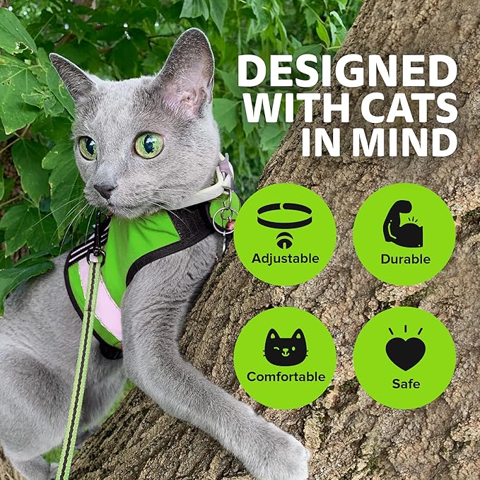 Reflective Cat Harness - High-Visibility Cat Vest for Day & Night | Secure, Breathable and Washable Cotton | Ideal for Walking & Traveling - Loud Lime, XS