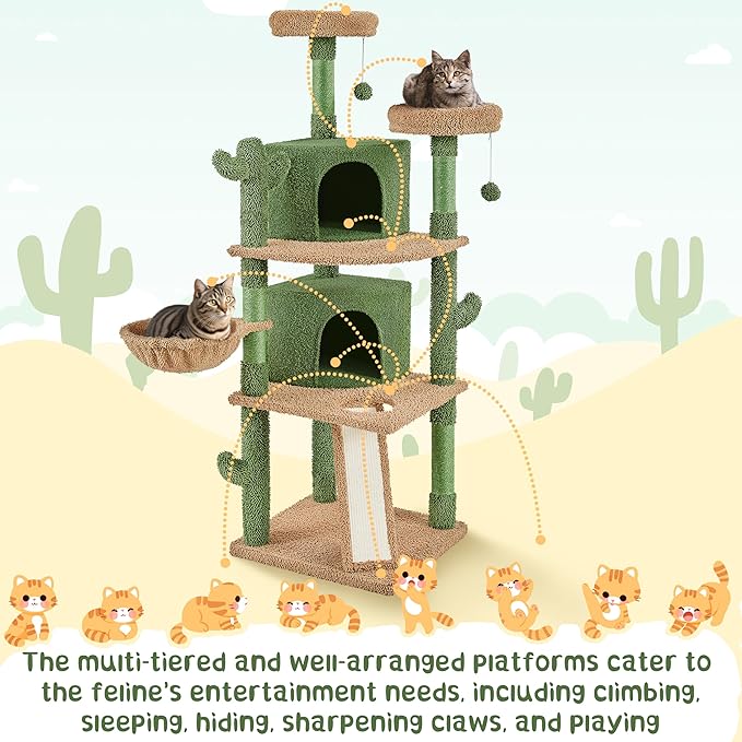Yaheetech Cactus Cat Tree, 66in Cat Tower for Indoor Cats, Multi-Level Cat Tree with Large Condos & Ramp, Pet Play House with Padded Perch, Platforms, Basket & Hanging Ball, Green/Brown