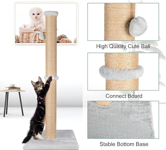 FluffyDream 37'' Cat Scratching Post, Natural Sisal Rope Scratcher with Dangling Teaser Ball and Covered with Soft Plush for Kittens and Adult Cats, Sand Color (Cat Tree 37")