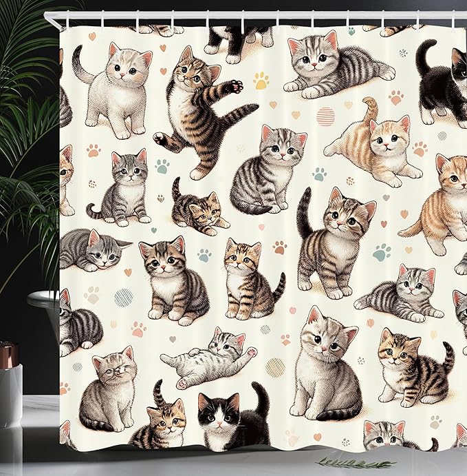 Ambesonne Cat Shower Curtain, Pattern of Little Kittens Playful Poses Joyous Concept Pastel Paw Prints, Cloth Fabric Bathroom Decor Set with Hooks, 69" W x 75" L, Off White Taupe and Grey