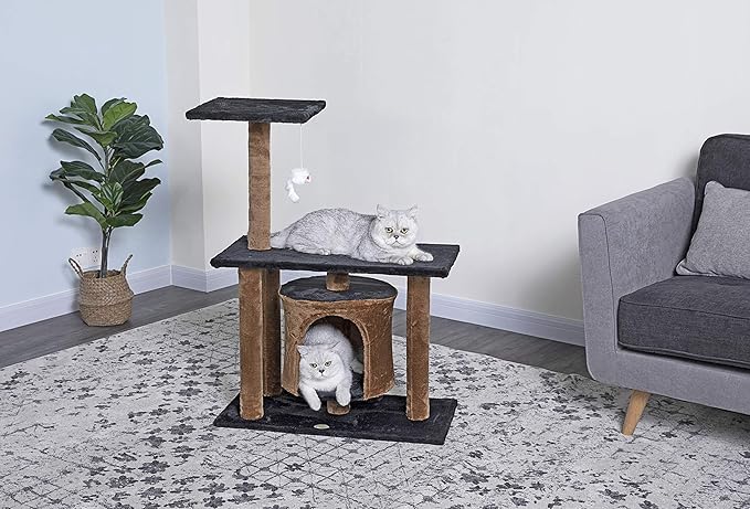 Go Pet Club Everyday Value 38in Cat Tree Kitty Scratcher Tower Kitten Condo House Furniture with Hanging Toy for Indoor Cats, Brown/Black