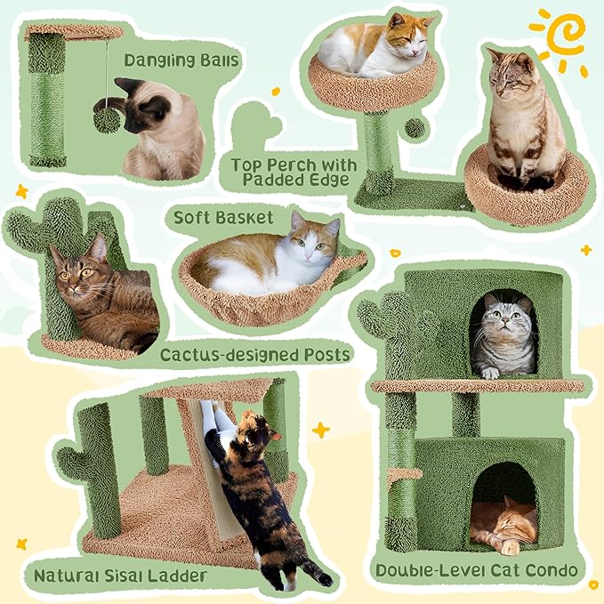 Yaheetech Cactus Cat Tree, 66in Cat Tower for Indoor Cats, Multi-Level Cat Tree with Large Condos & Ramp, Pet Play House with Padded Perch, Platforms, Basket & Hanging Ball, Green/Brown