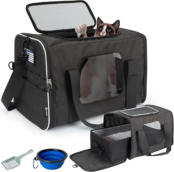 Airline-Approved Cat Carrier with Litter Box, 17x11x12” Soft Travel Litterbox up to 18 lbs Cats, Large Portable Carrier for Long Car Trips, Comes with Litter Scoop, Water Bowl, Pet ID & Cat Toy