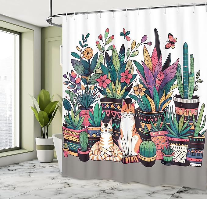 Ambesonne Cat Shower Curtain, Modern Illustration Flower Cactus and Plant Blooms Kitties Cozy Calm Drawing, Cloth Fabric Bathroom Decor Set with Hooks, 69" W x 75" L, Teal Pink and Purple