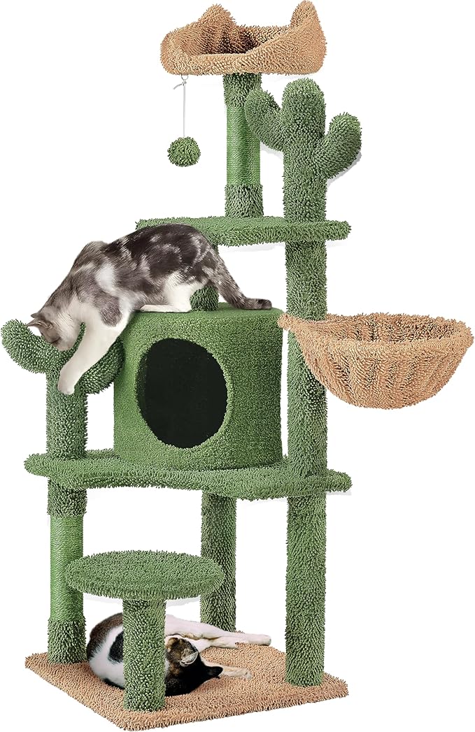 Yaheetech Cactus Cat Tree, 53.5in Cat Tower for Indoor Cats with Sisal Covered Scratching Post, Condo, Plush Perches and Fluffy Balls, Multi-Level Cat Climbing Tree Play House Activity Center, Green