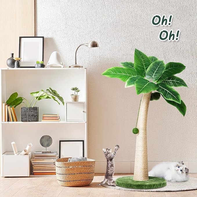 37 Inches Cat Scratching Post, Large Cat Scratching Post, Sisal Scratcher with 3 Hanging Pompoms for Indoor Cats (Short Round Base)