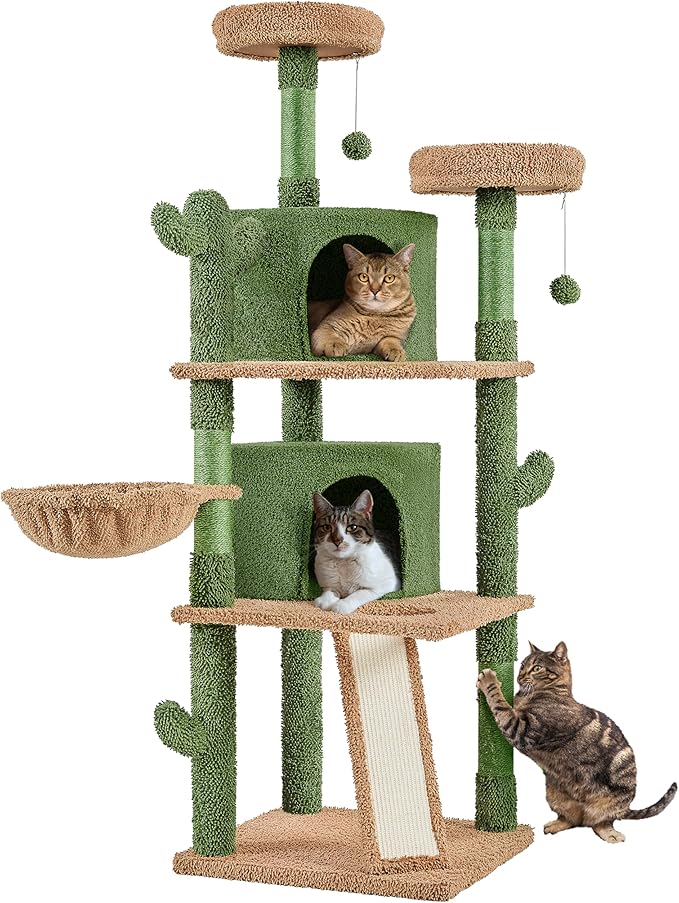 Yaheetech Cactus Cat Tree, 66in Cat Tower for Indoor Cats, Multi-Level Cat Tree with Large Condos & Ramp, Pet Play House with Padded Perch, Platforms, Basket & Hanging Ball, Green/Brown