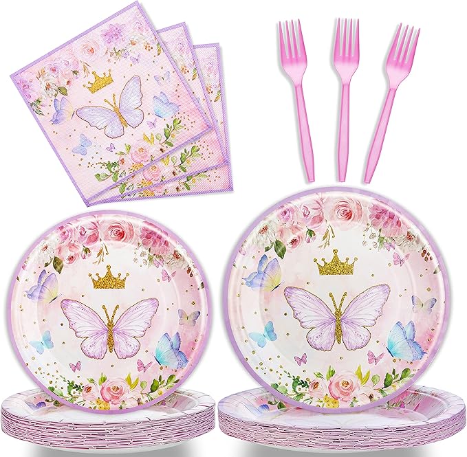 96 Pcs Butterfly Birthday Party Plates Napkins Forks Supplies Tableware Set Disposable Table Butterfly Theme Decoration for Girl Birthday Party or Baby Shower, Serves 24 Guests