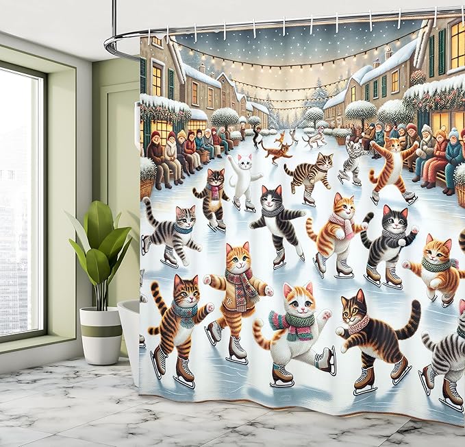 Ambesonne Cat Shower Curtain, Funny and Cheery Kitties Ice Skating Winter Happiness Funny Cartoon Xmas, Cloth Fabric Bathroom Decor Set with Hooks, 69" W x 75" L, Orange Brown Pale Blue