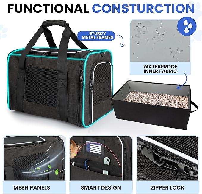 Airline-Approved Cat Carrier with Litter Box, 17x11x12” Soft Travel Litterbox up to 18 lbs Cats, Large Portable Carrier for Long Car Trips, Comes with Litter Scoop, Water Bowl, Pet ID & Cat Toy