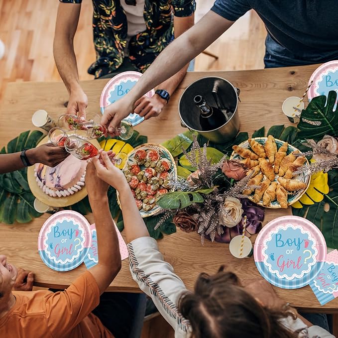 96 Pcs Gender Reveal Party Plates Napkins Forks Decorations Dinnerware Set Disposable Paper Boy or Girl Baby Birthday Supplies Tableware Favors, Serves 24 Guests