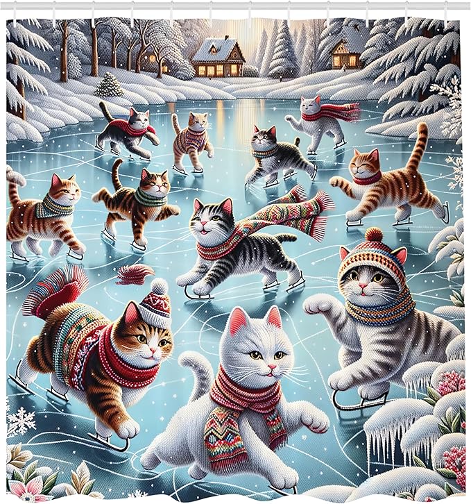 Ambesonne Cat Shower Curtain, Cozy Winter Woodland Scene with Cottages and Ice Skating Kitties Snow Fun, Cloth Fabric Bathroom Decor Set with Hooks, 69" W x 75" L, Soft Blue Burnt Orange