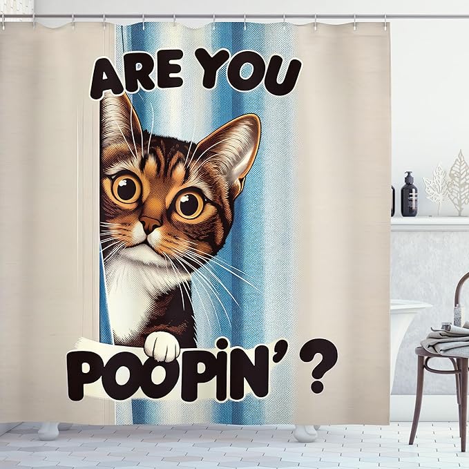 Ambesonne Cat Shower Curtain, Vintage Curious Brown Kitten with are You Poopin' Writing Joke Humor Themed, Cloth Fabric Bathroom Decor Set with Hooks, 69" W x 75" L, Blue Coconut Chocolate