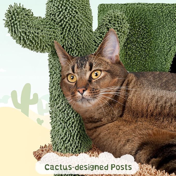 Yaheetech Cactus Cat Tree, 66in Cat Tower for Indoor Cats, Multi-Level Cat Tree with Large Condos & Ramp, Pet Play House with Padded Perch, Platforms, Basket & Hanging Ball, Green/Brown
