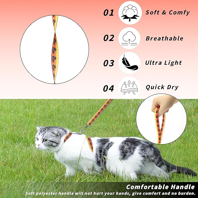 Cat Harness and Leash Set, Adjustable Kitten Harness Escape Proof Cats Harness, Soft Lightweight Walking Travel Pet Harness, Cute Kitty Harness Leash Set for Small Medium Cats, Orange