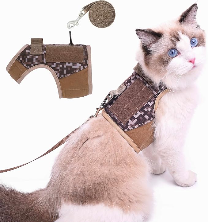 Tactical Cat Harness and Leash for Walking Escape Proof, Desert Camo, Large, Adjustable Cat Walking Jackets, Padded Stylish Cat Vest for Winter