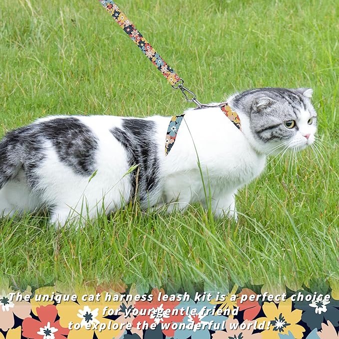 Cat Harness and Leash Set, Adjustable Kitten Harness Escape Proof Cats Harness, Soft Lightweight Walking Travel Pet Harness, Cute Kitty Harness Leash Set for Small Medium Cats, Multi-Floral